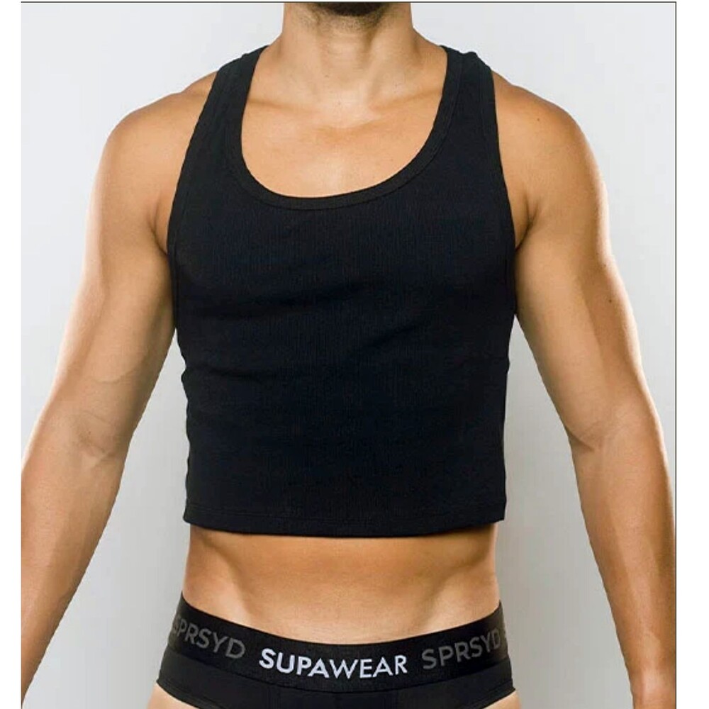 SUPAWEAR Racerback Tank Top Mens M Black Ribbed Cropped Singlet Stretch Pride